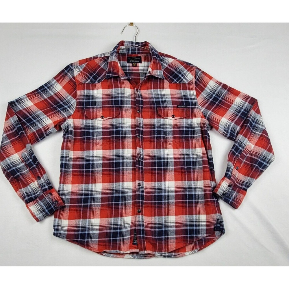 Lucky Brand Shirt Men Medium Red Blue Plaid Flannel Saturday Stretch Pearl Snap